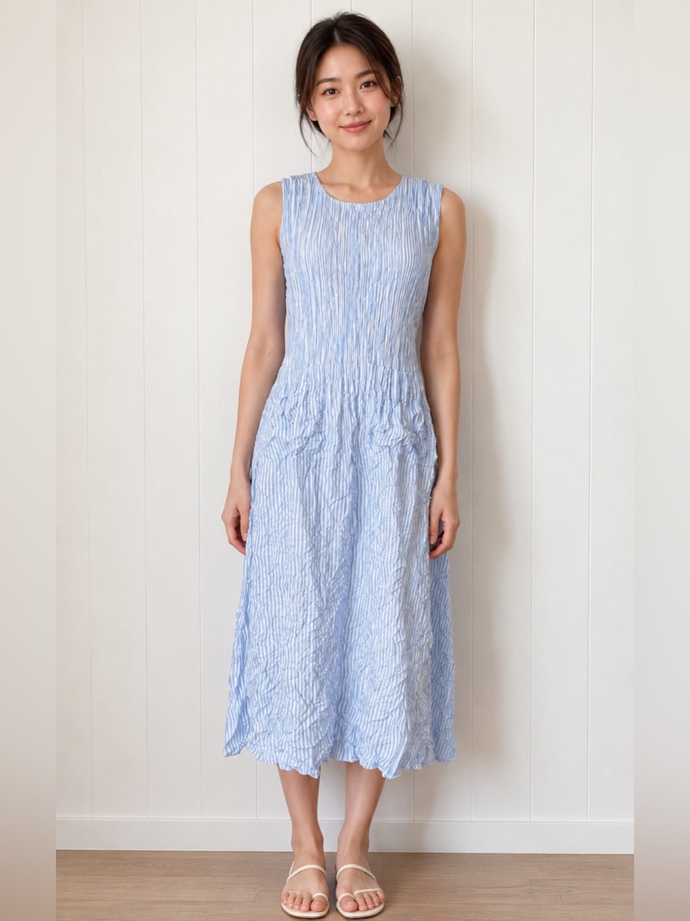 Alquema Summer Blue and White Striped Crinkle Sleeveless Smash Pocket Dress 2